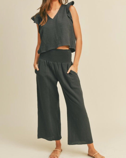 Smocked Waist Pant with Ruffled Sleeve Top