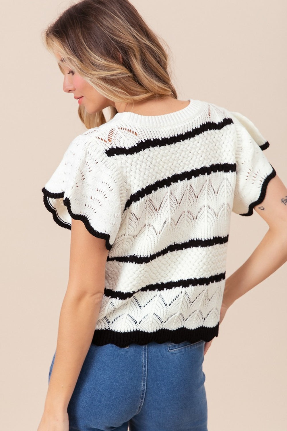 BiBi Pointelle Contrast Striped Short Sleeve Knit Top