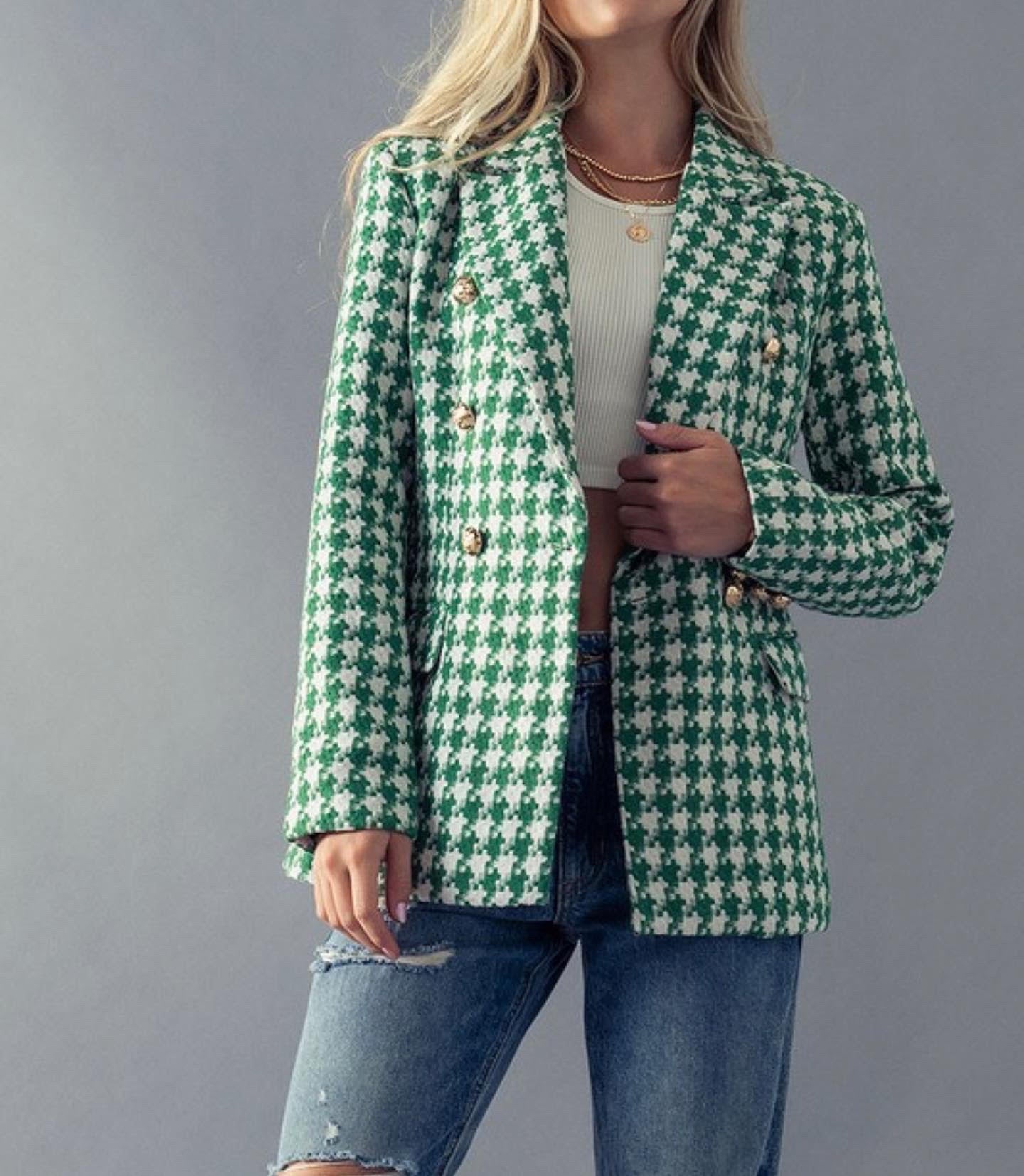 Green Houndstooth Blazer With Accent Gold Buttons