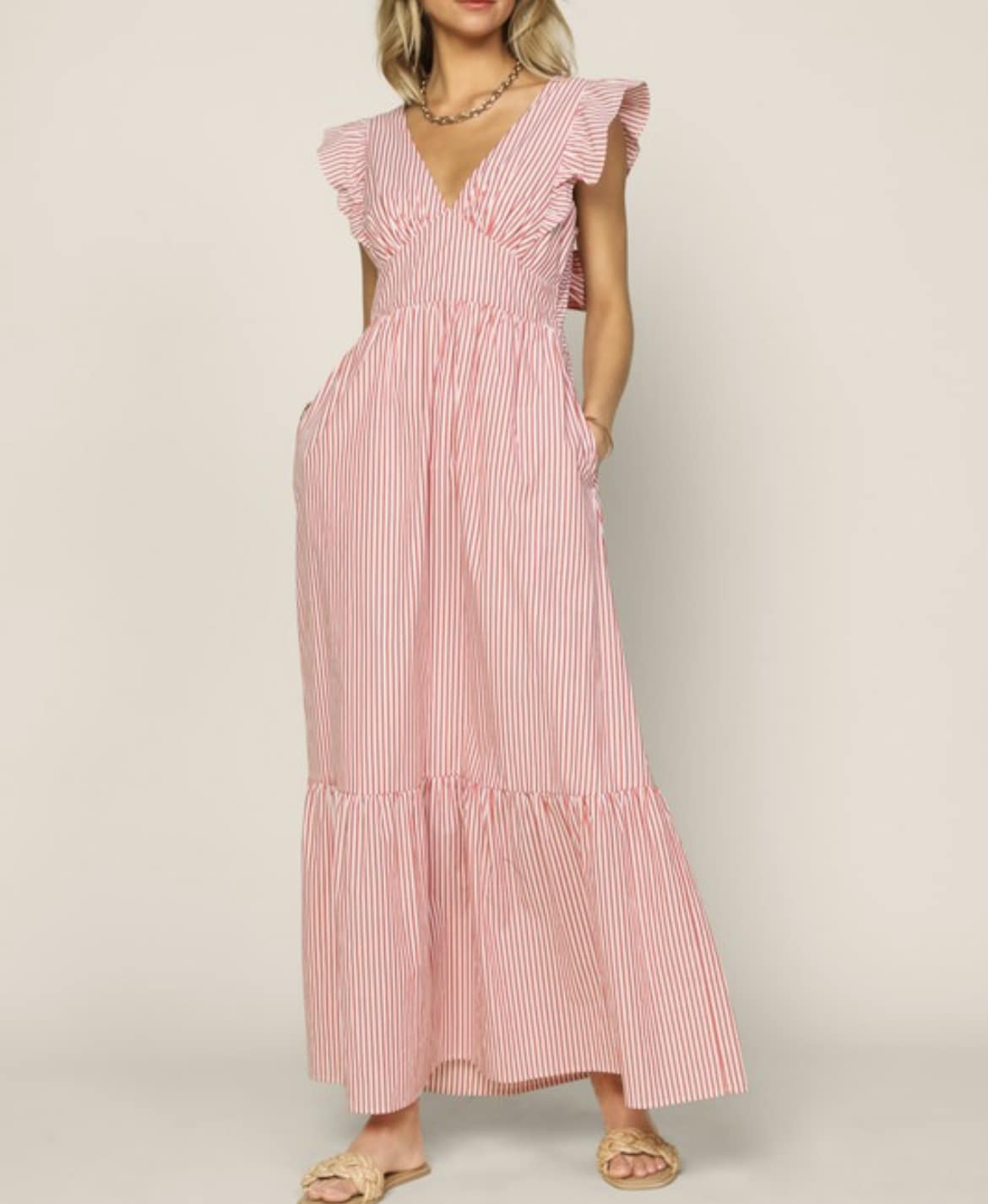 Coral Pinstripe Tie Back Bow Maxi Dress