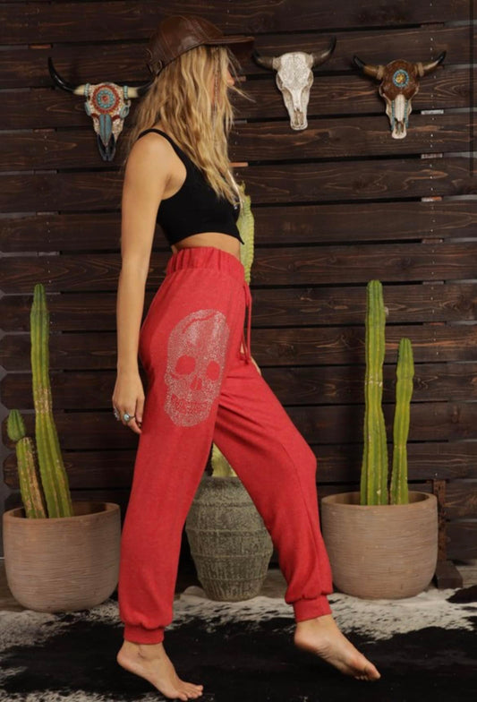 Red Hacci Studded Skull Pants