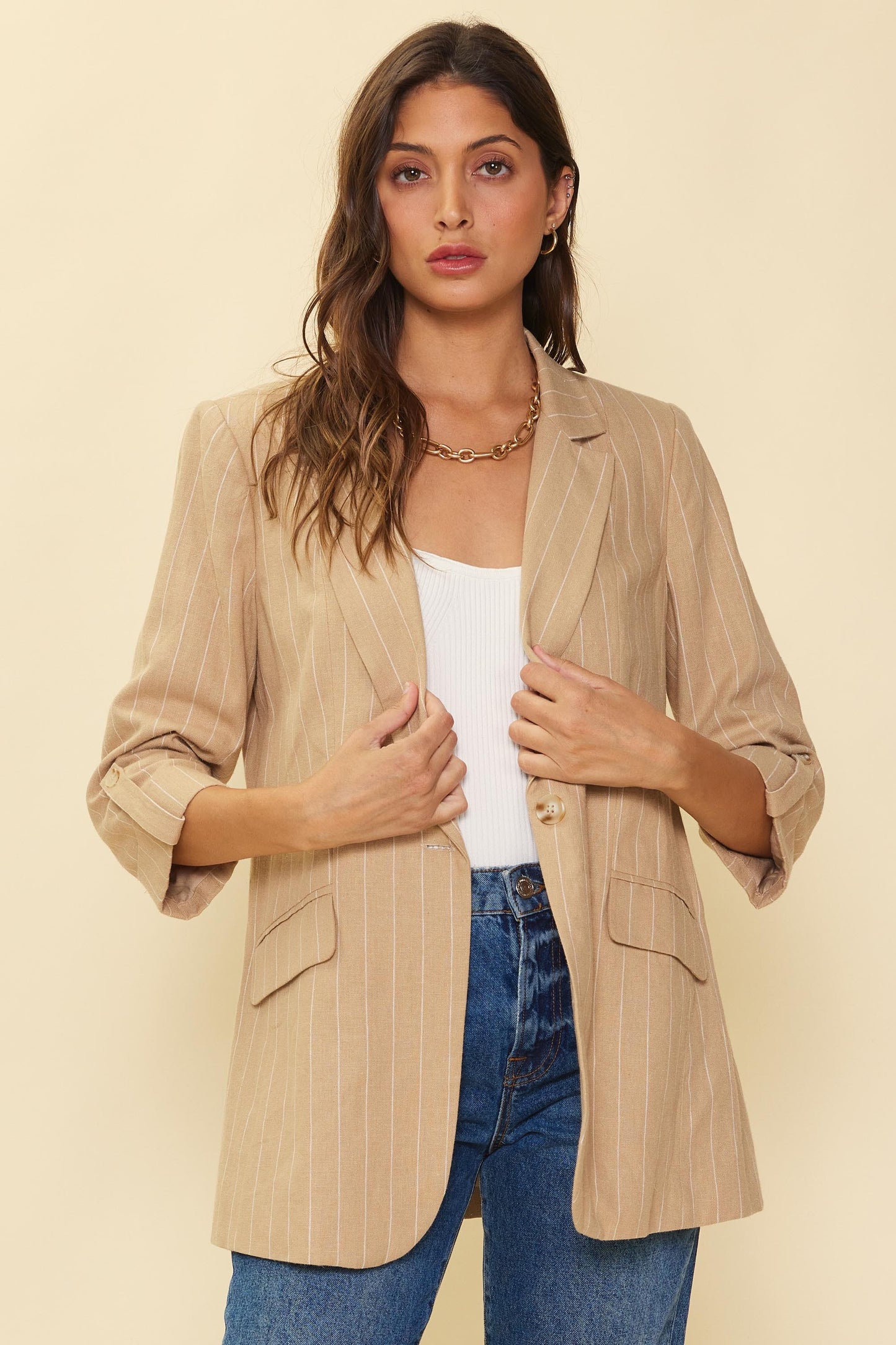 Camel Pinstripe Linen Fall Blazer