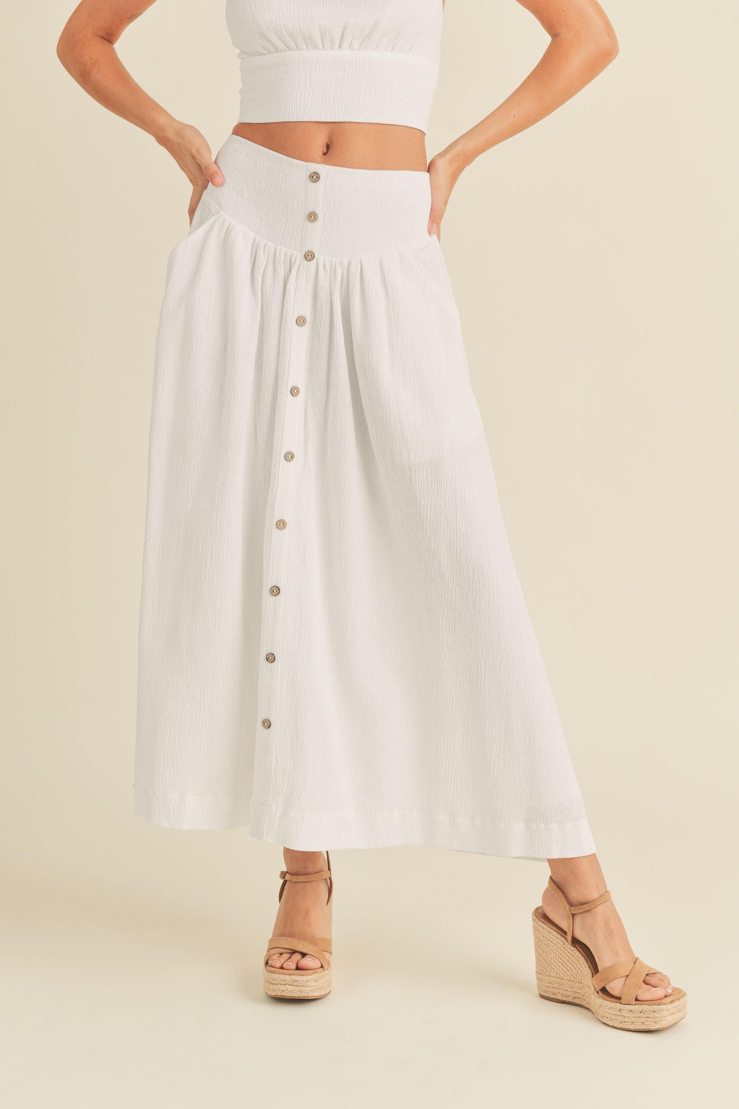 White Cotton Linen Button Down Skirt